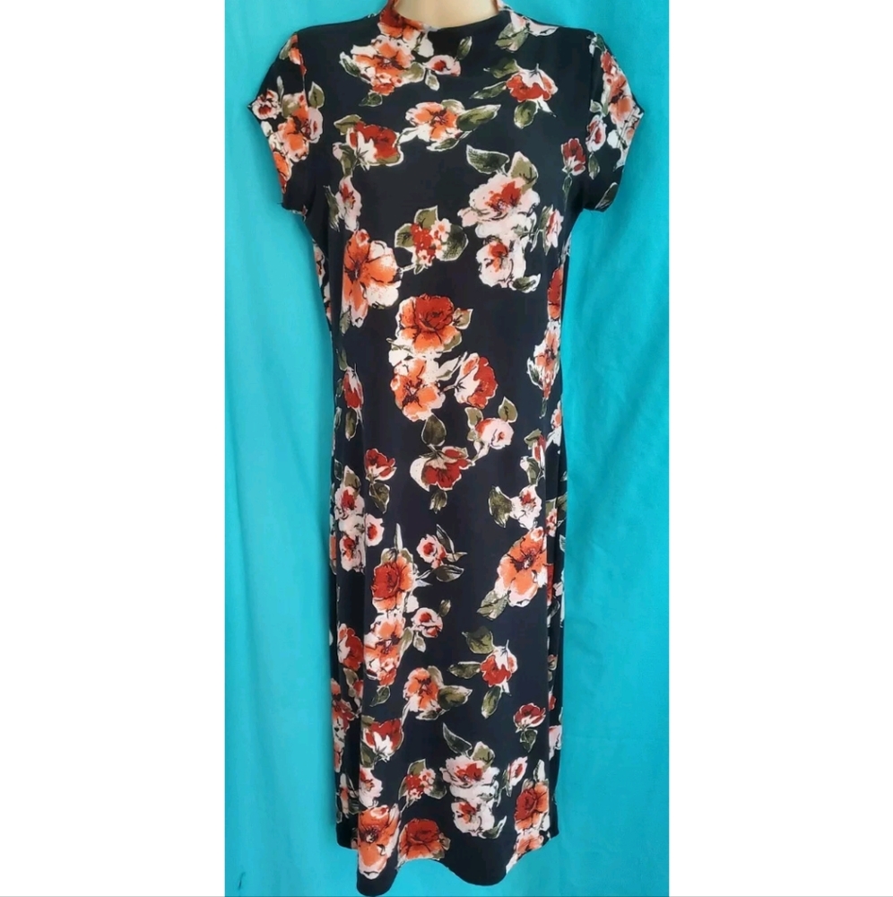 Women Love Chesley Balck Floral High Neck Short Sleeve Stretch Dress Size Large